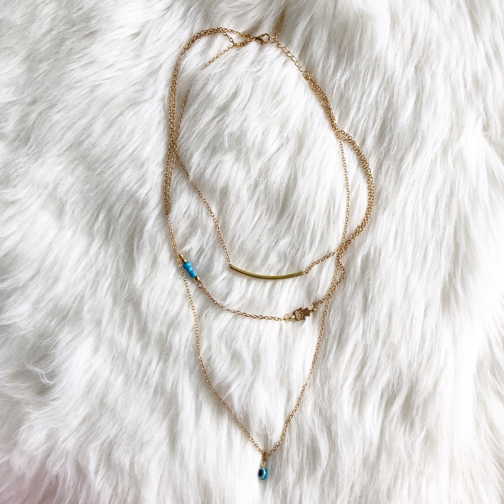 NEW Three later gold evil eye necklace curved bar - Picture 3 of 6